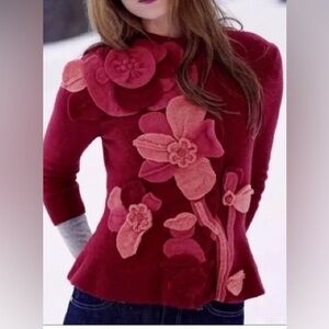 RARE Sleeping on Snow Cardigan Sweater Womens S Red Pink Floral Button Appliqué
